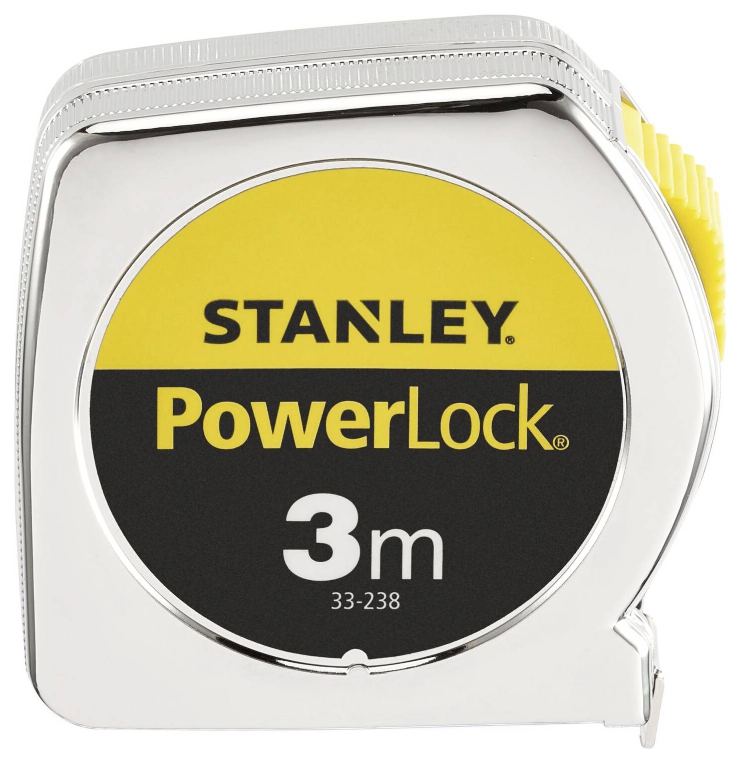 A silver-coloured, rounded measuring tape, brand name 'STANLEY PowerLock', 3 metres long, set against a yellow and black background.
