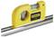 A yellow spirit level with 'Stanley' written on it, placed on a metal pipe for levelling.