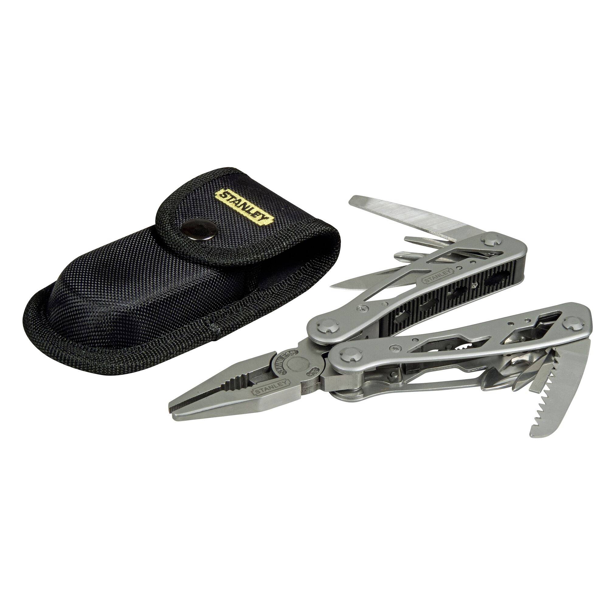 Multifunctional metal tool with various folding functions beside a black fabric case.