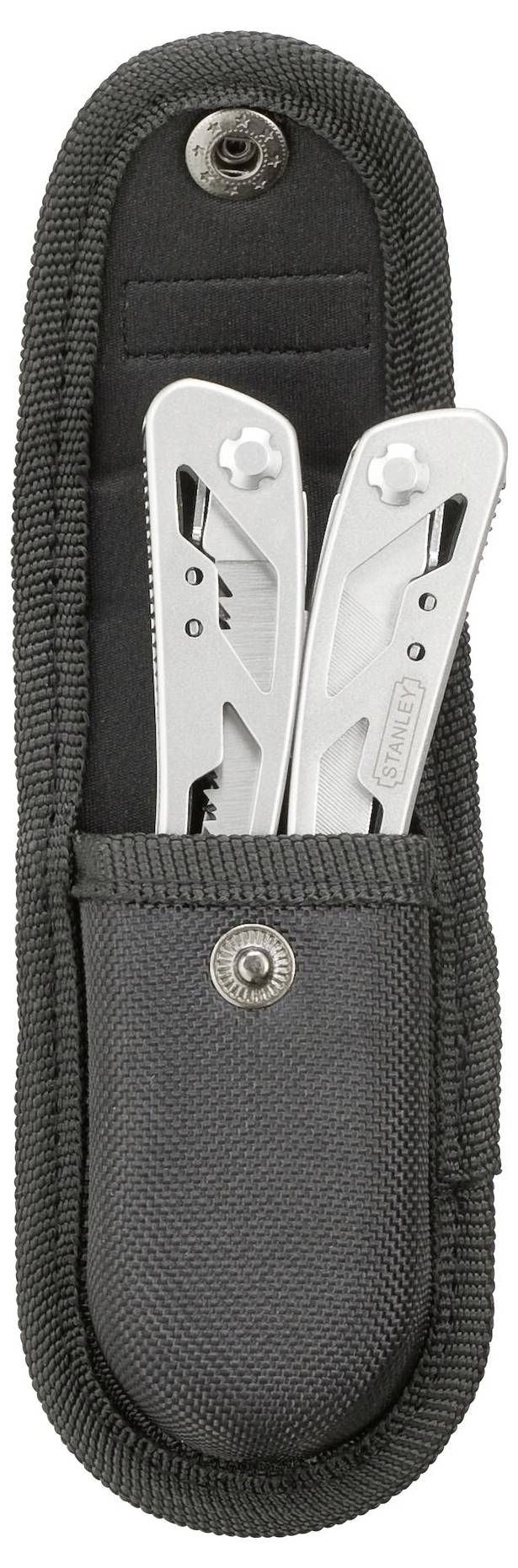 A multifunctional tool with silver handles in a black case with a press-stud fastening.