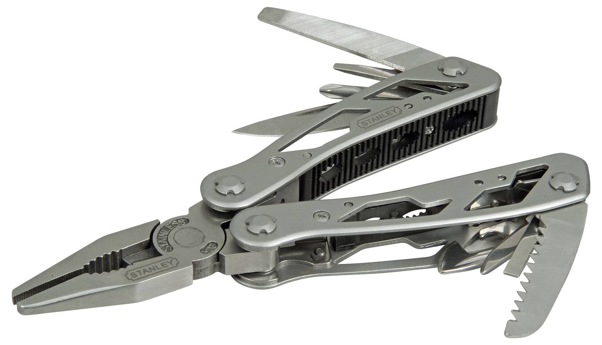 Multi-purpose metal tool with pliers, knife, saw and several tools unfolded, suitable for various applications.