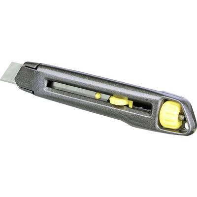A grey, extendable utility knife with yellow details and a blade that extends temporarily, set against a white background.