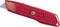 A red utility knife with a foldable, replaceable blade mechanism, suitable for cutting cardboard and other materials.
