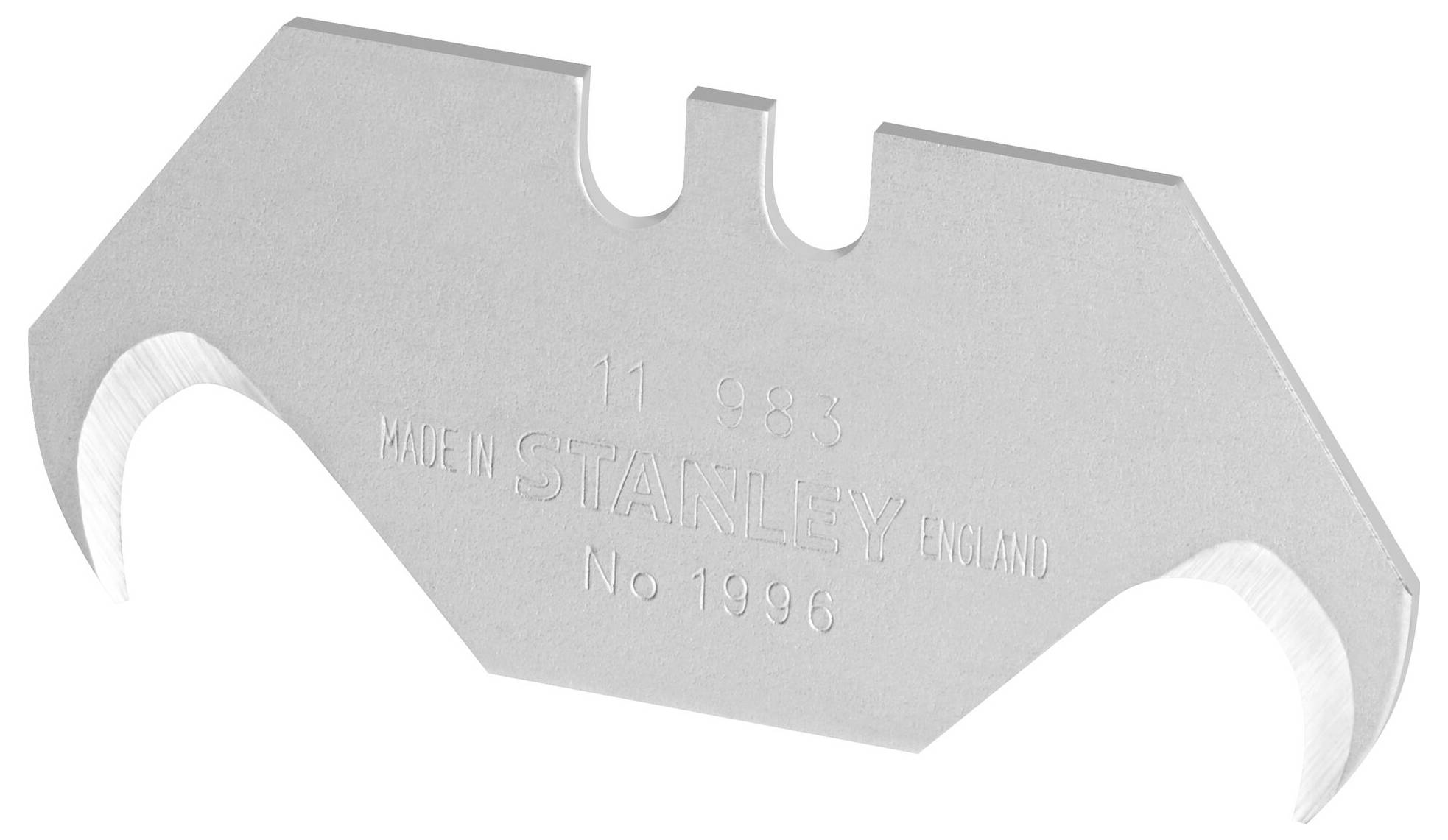 A silver Stanley knife replacement blade with an engraved 'MADE IN ENGLAND' and model number. Blade has two sharp hooks.