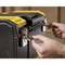 A person locks a robust plastic toolbox using a key. The box features yellow and black colour accents.