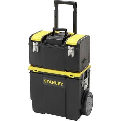 Black tool box with yellow fastener, telescopic handle and wheels, brand name 'STANLEY' on the front.