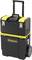 Black tool box with yellow fastener, telescopic handle and wheels, brand name 'STANLEY' on the front.