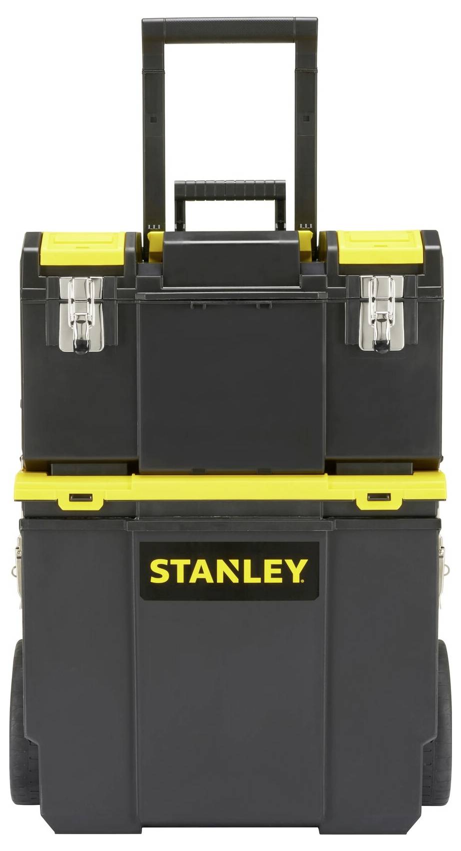 Black tool case on wheels with yellow accents. The upper section has metal locks, the lower section bears the inscription 'STANLEY'.