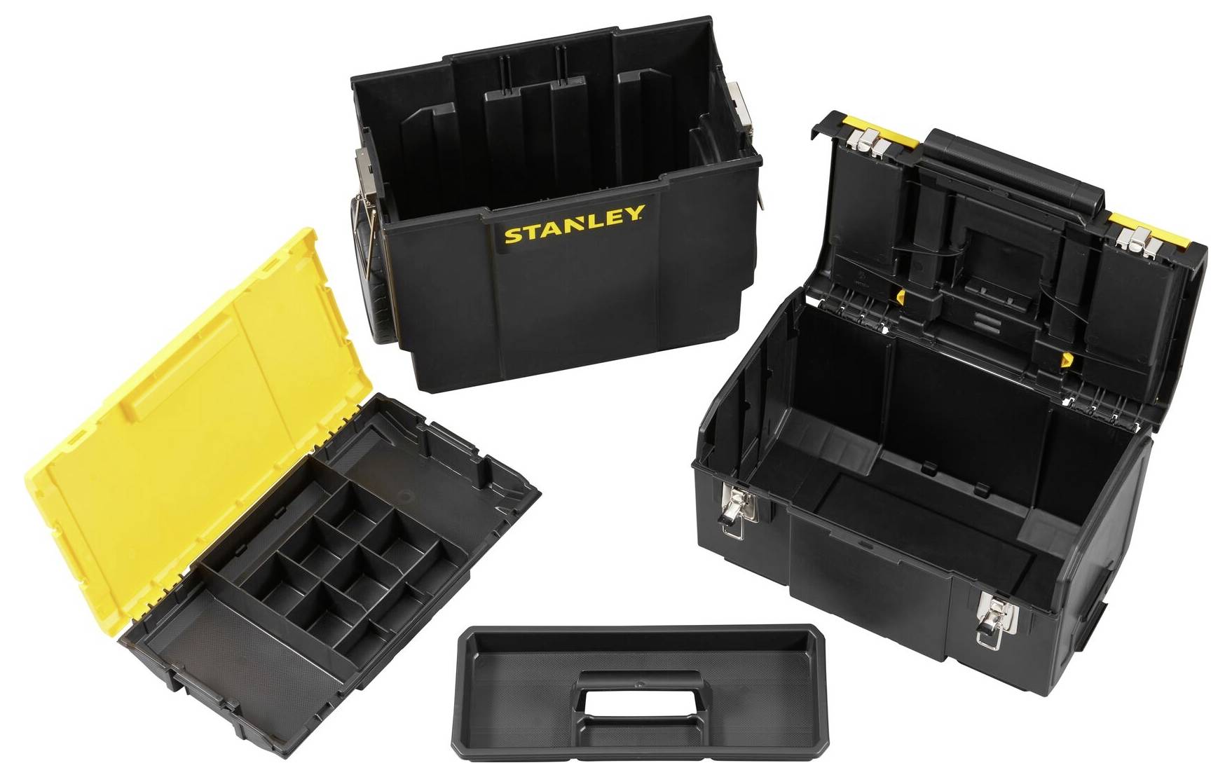 Four open black toolboxes with yellow and black covers, containing compartments for different tools.