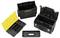 Four open black toolboxes with yellow and black covers, containing compartments for different tools.