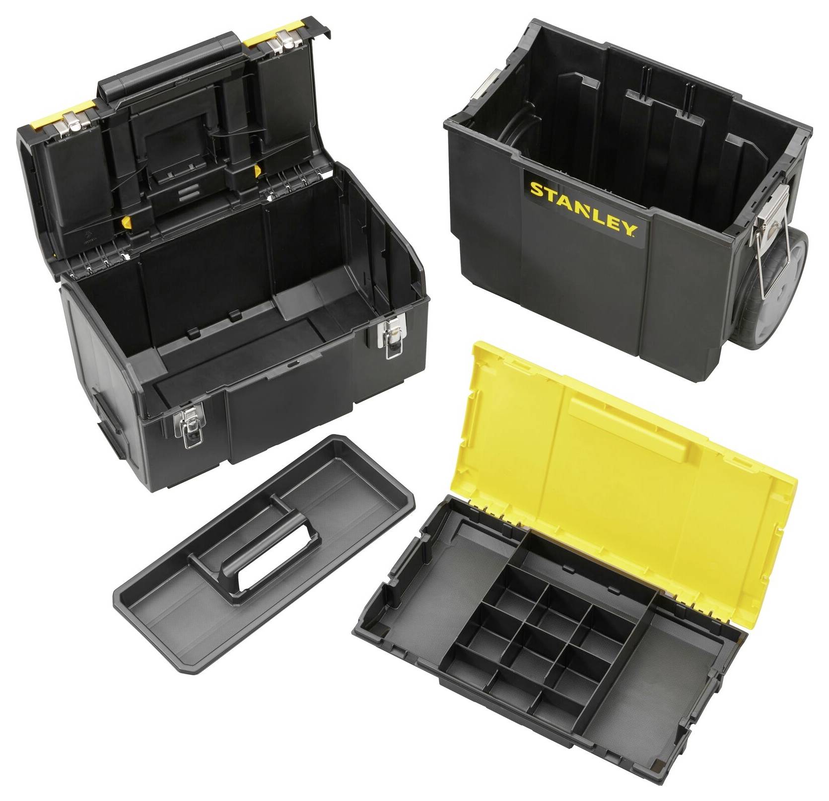 Open, black toolboxes with yellow lids from Stanley. One box shows separate compartments. Ideal for storing tools.