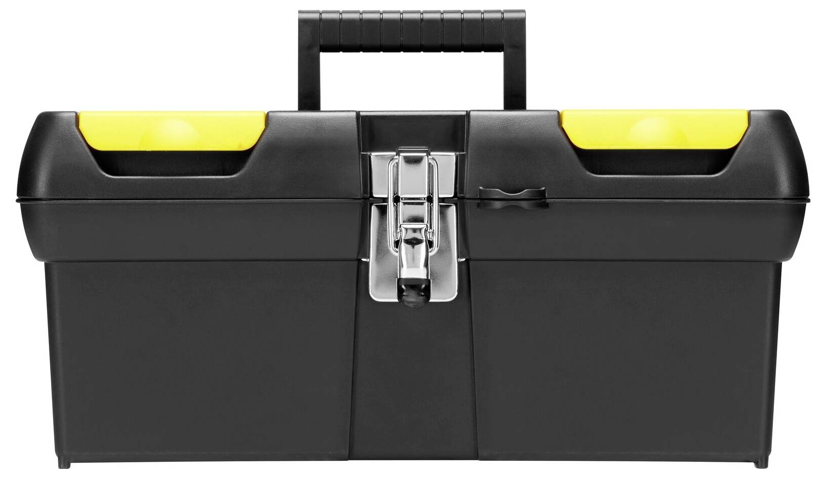 Black tool box with yellow accent, closed, with handle on top and silver lock in the centre.