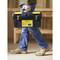 A person is carrying a black toolbox with a yellow label reading 'Stanley', with wooden shelves in the background.