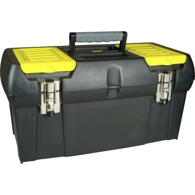Black toolbox with a yellow lid, two metal latches and a robust, vertically folding handle. Ideal for storing tools.