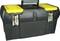Black toolbox with a yellow lid, two metal latches and a robust, vertically folding handle. Ideal for storing tools.