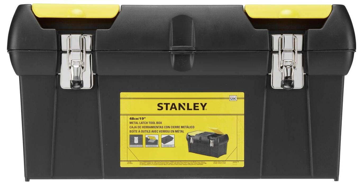 'Black toolbox with yellow label and silver fastenings, Stanley brand. Suitable for storing tools.'