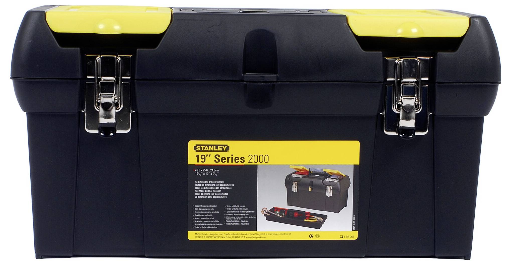 Black toolbox with yellow handle and metal clasps, 'Stanley 19" Series 2000' sticker with illustration and text information.