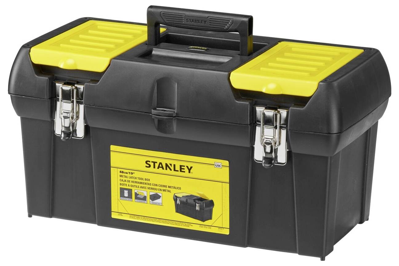 Black toolbox with yellow lid and handle. Two metal latches at the front. 'Stanley' brand label.