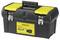 Black toolbox with yellow lid and handle. Two metal latches at the front. 'Stanley' brand label.