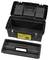 Opened black toolbox with removable divider in the centre. Front side shows yellow label with product information.
