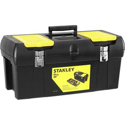 Black toolbox with yellow accents and metal fasteners, Stanley brand, 61 cm, provides storage space for tools.