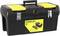 Black toolbox with yellow accents and metal fasteners, Stanley brand, 61 cm, provides storage space for tools.