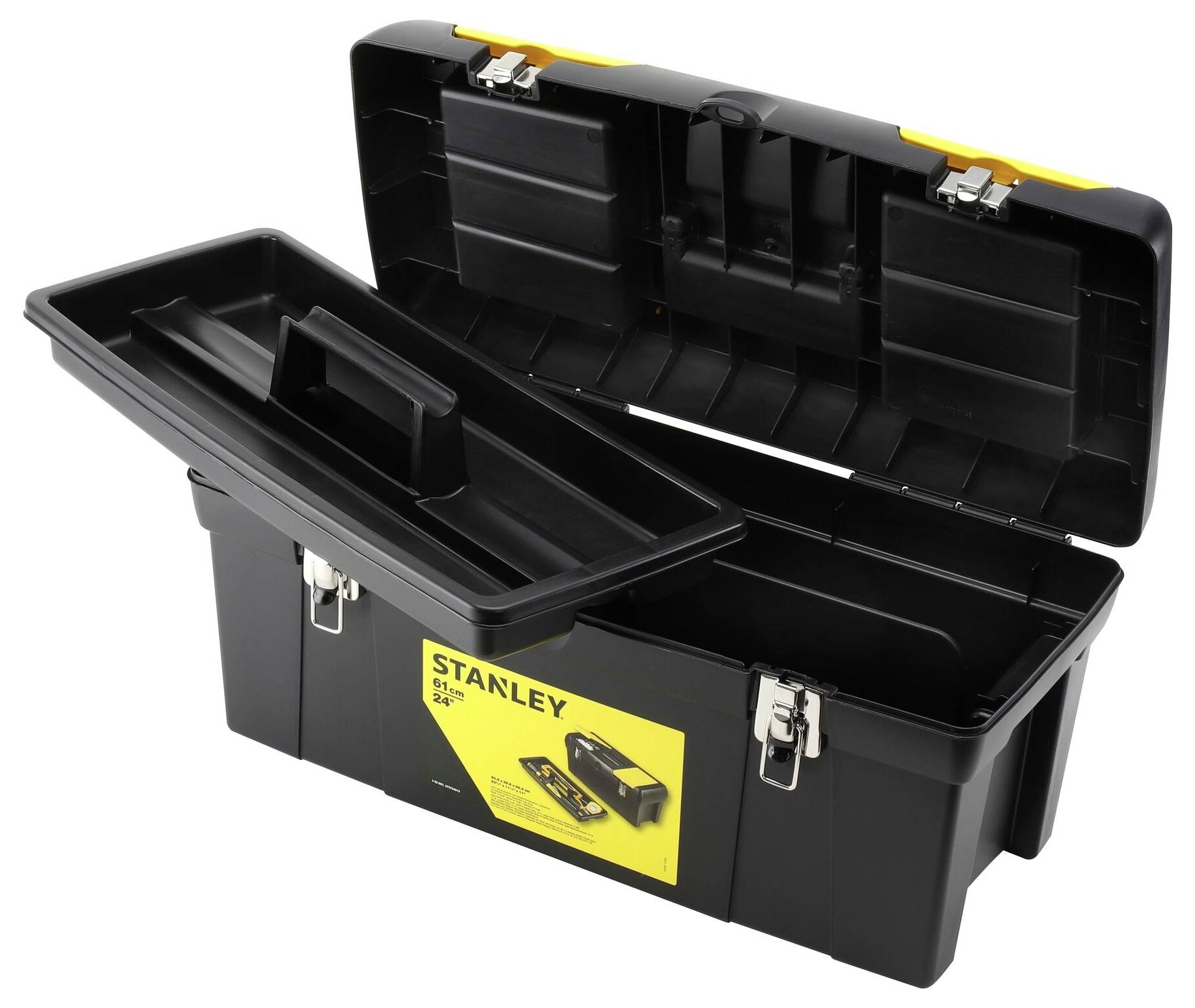 Opened black toolbox with a yellow label, 'Stanley' written on it. One compartment at the top and main compartment at the bottom visible.