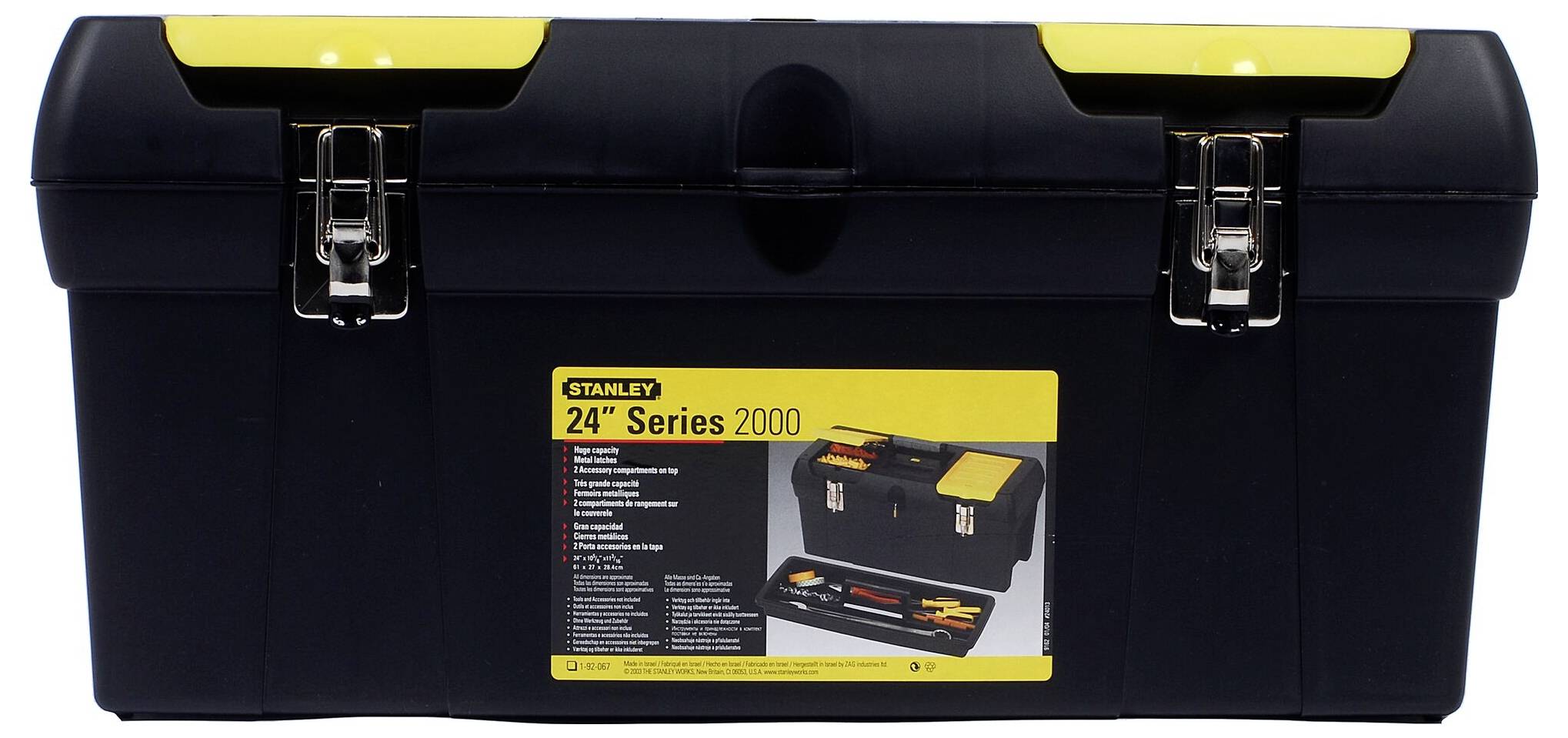 Black Stanley toolbox, 2000 series, 24 inches. Front with metal latches, yellow handle and label.