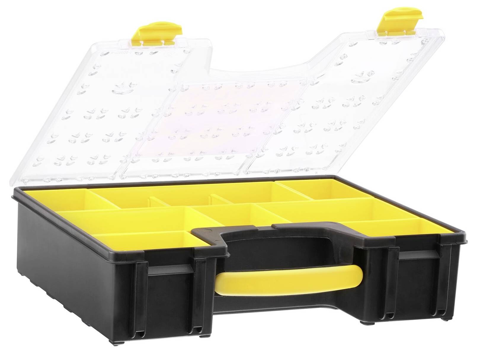 Black screw organiser with yellow compartments and a transparent lid. Perfect for storing small parts.