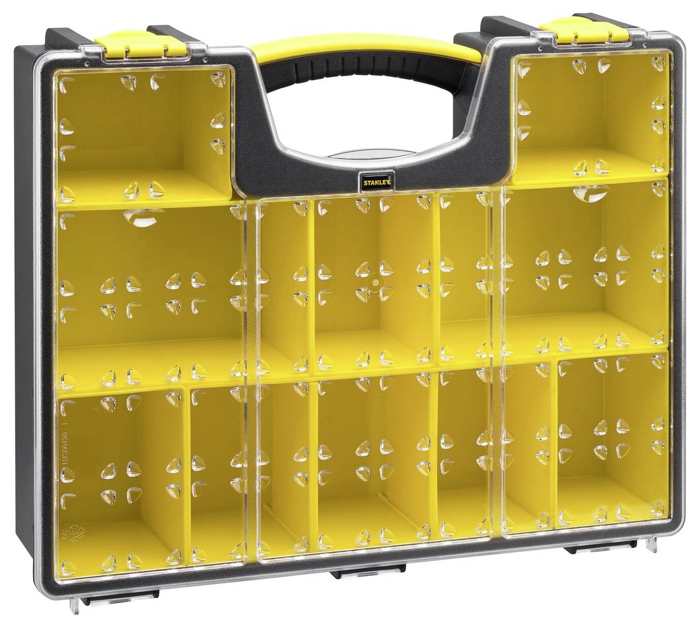 A yellow tool case with a transparent lid, containing multiple small compartments for storing small parts, with a black handle.