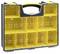 A yellow tool case with a transparent lid, containing multiple small compartments for storing small parts, with a black handle.