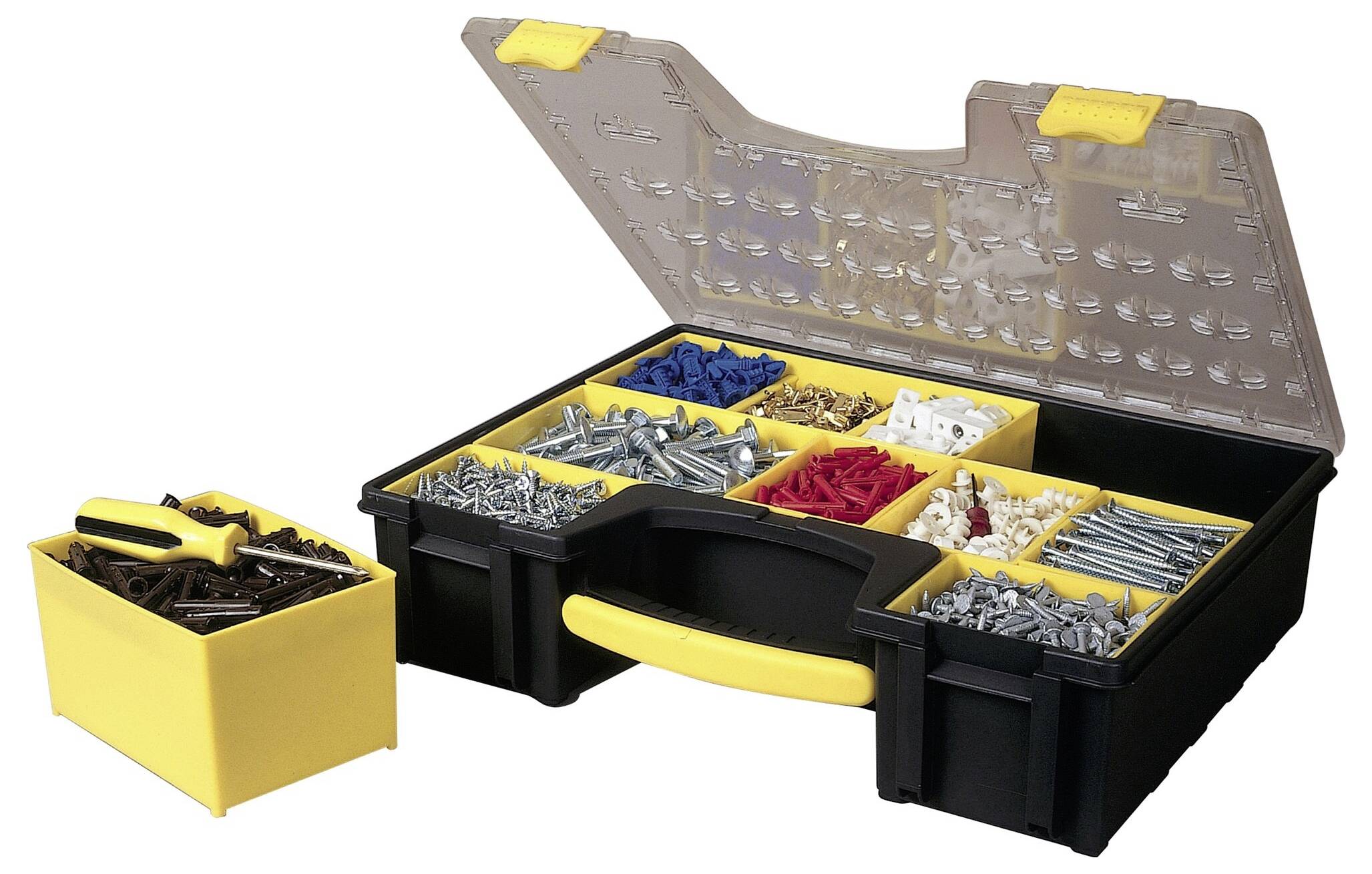 An open organiser box with multiple compartments, filled with various screws, wall plugs, and fixings.