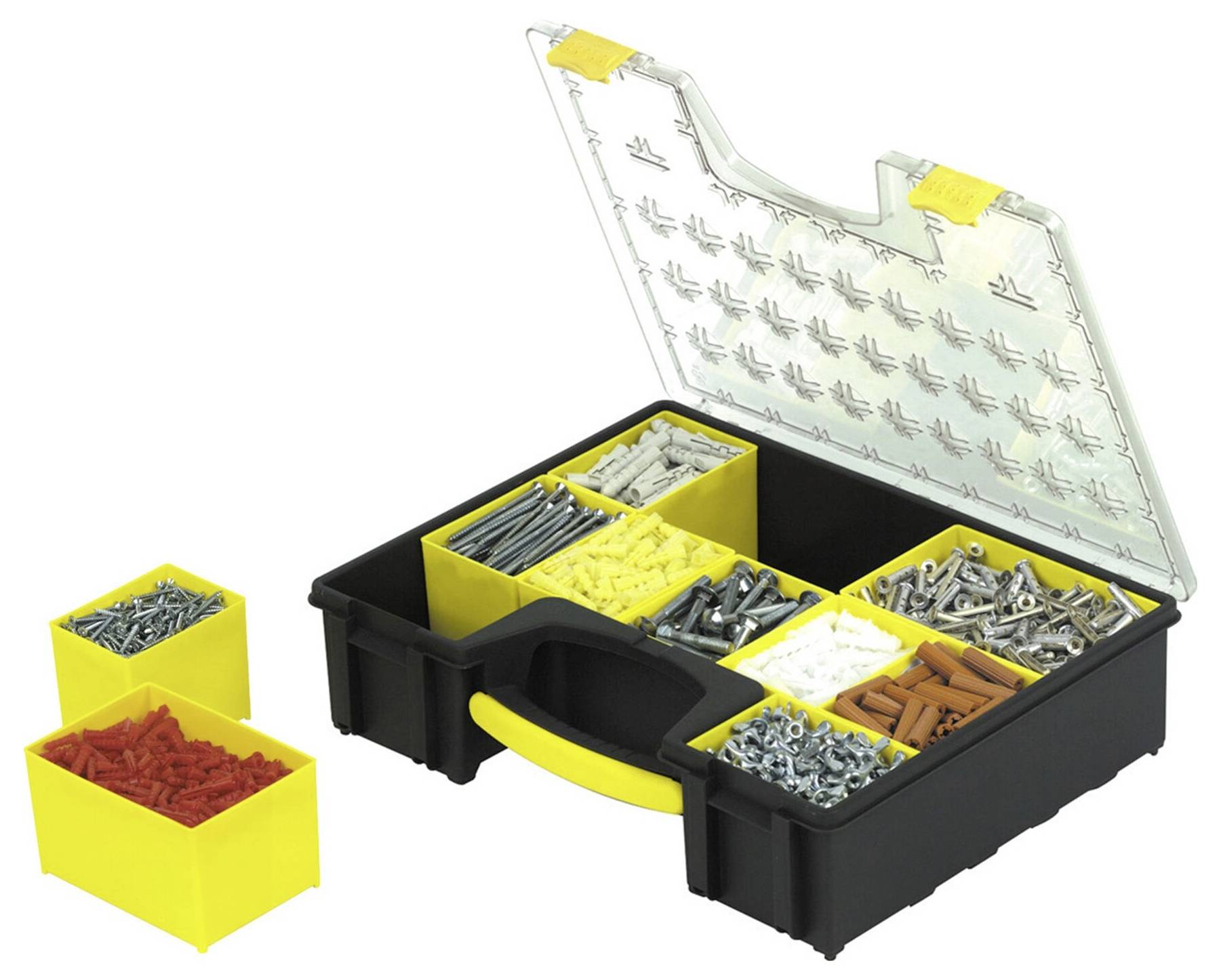 'Plastic organiser with clear lid, containing yellow compartments with various screws and wall plugs in red, yellow, and silver.'
