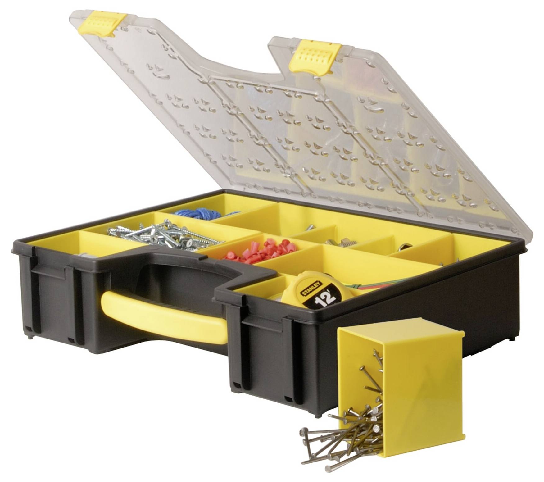 Black toolbox with yellow compartments, filled with screws and nails. A yellow box with nails stands beside it.