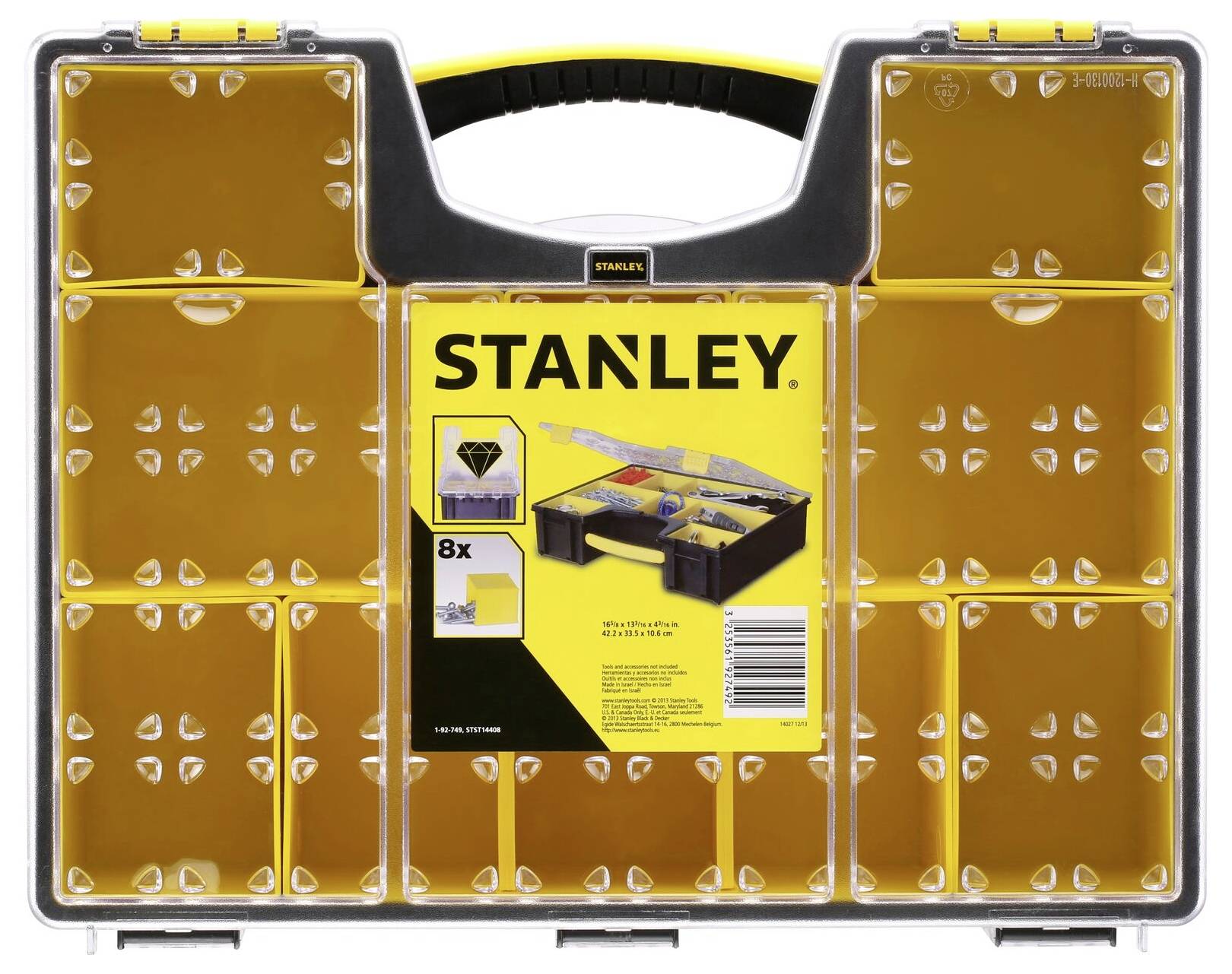 A yellow tool case with twelve compartments and a black handle. 'STANLEY' printed in the centre. Contains screws and nuts.