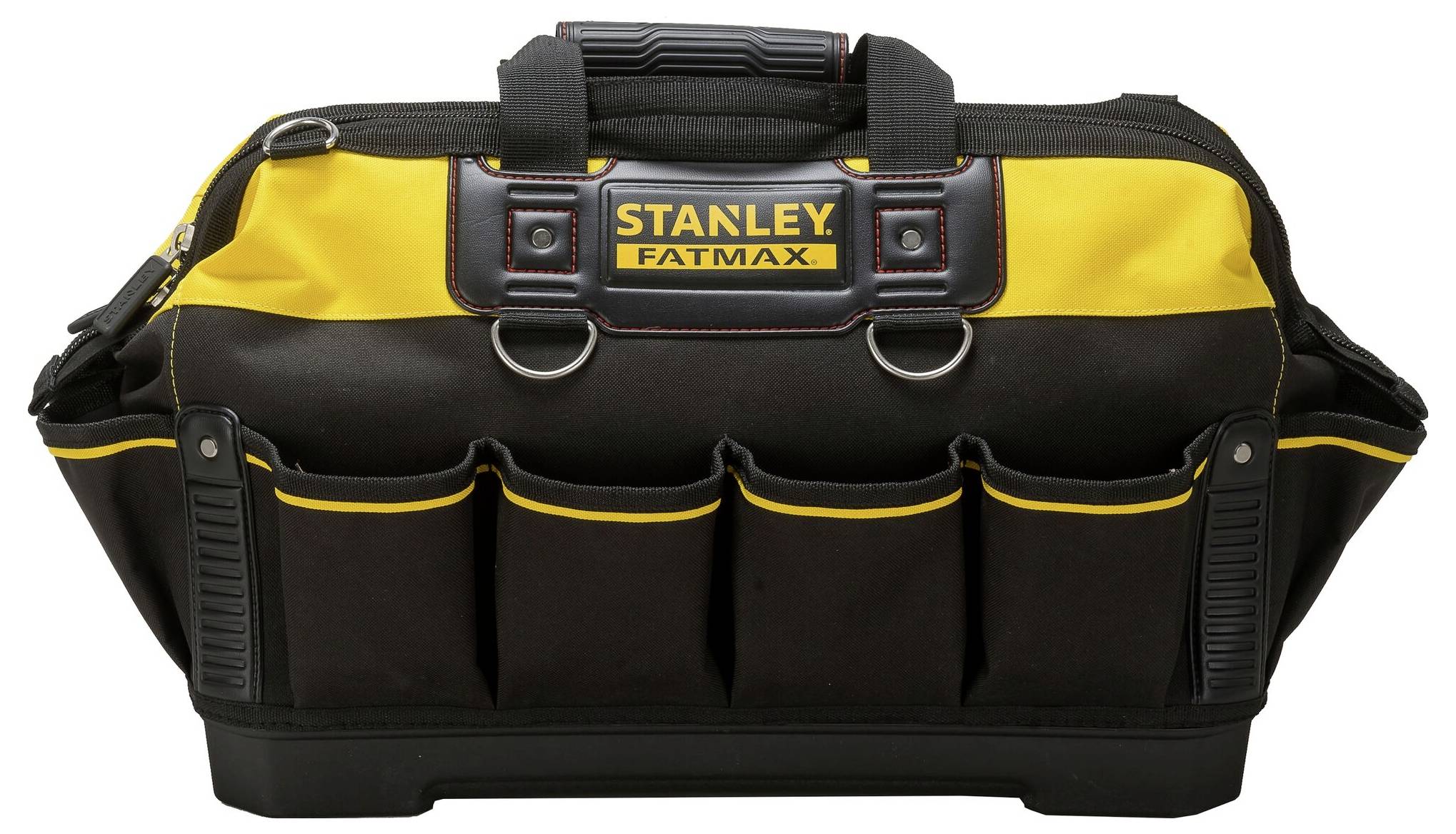 A black tool bag with yellow accents and multiple external pockets; 'Stanley Fatmax' brand on the front.