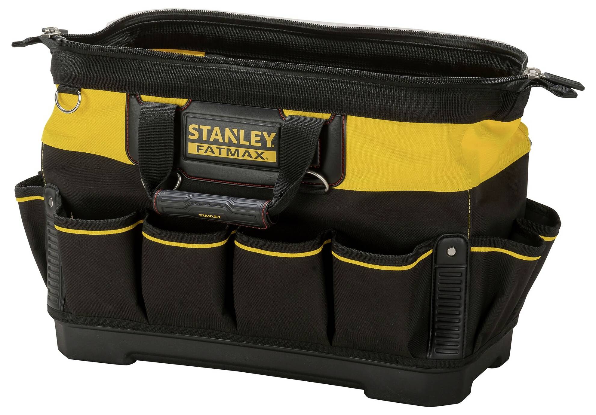 A black and yellow tool bag with multiple external pockets, branded 'Stanley Fatmax'. Ideal for transporting tools.
