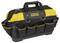 'Black and yellow tool bag with multiple external pockets and a robust handle, marked with 'STANLEY FATMAX'.'