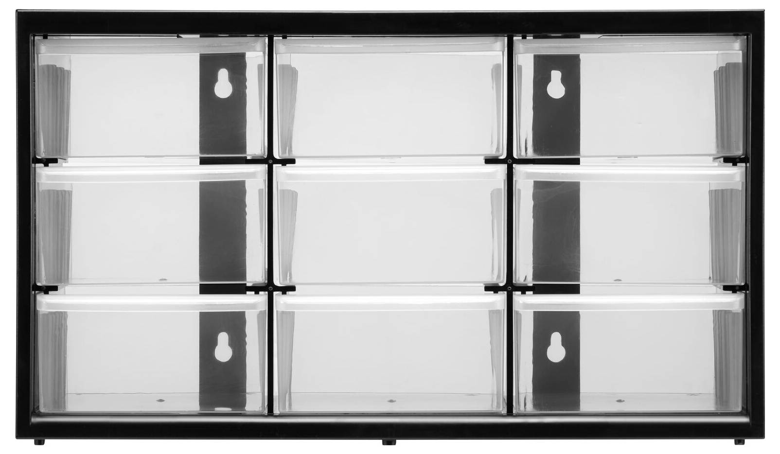 A black cabinet with nine transparent drawers, arranged in three rows and three columns.