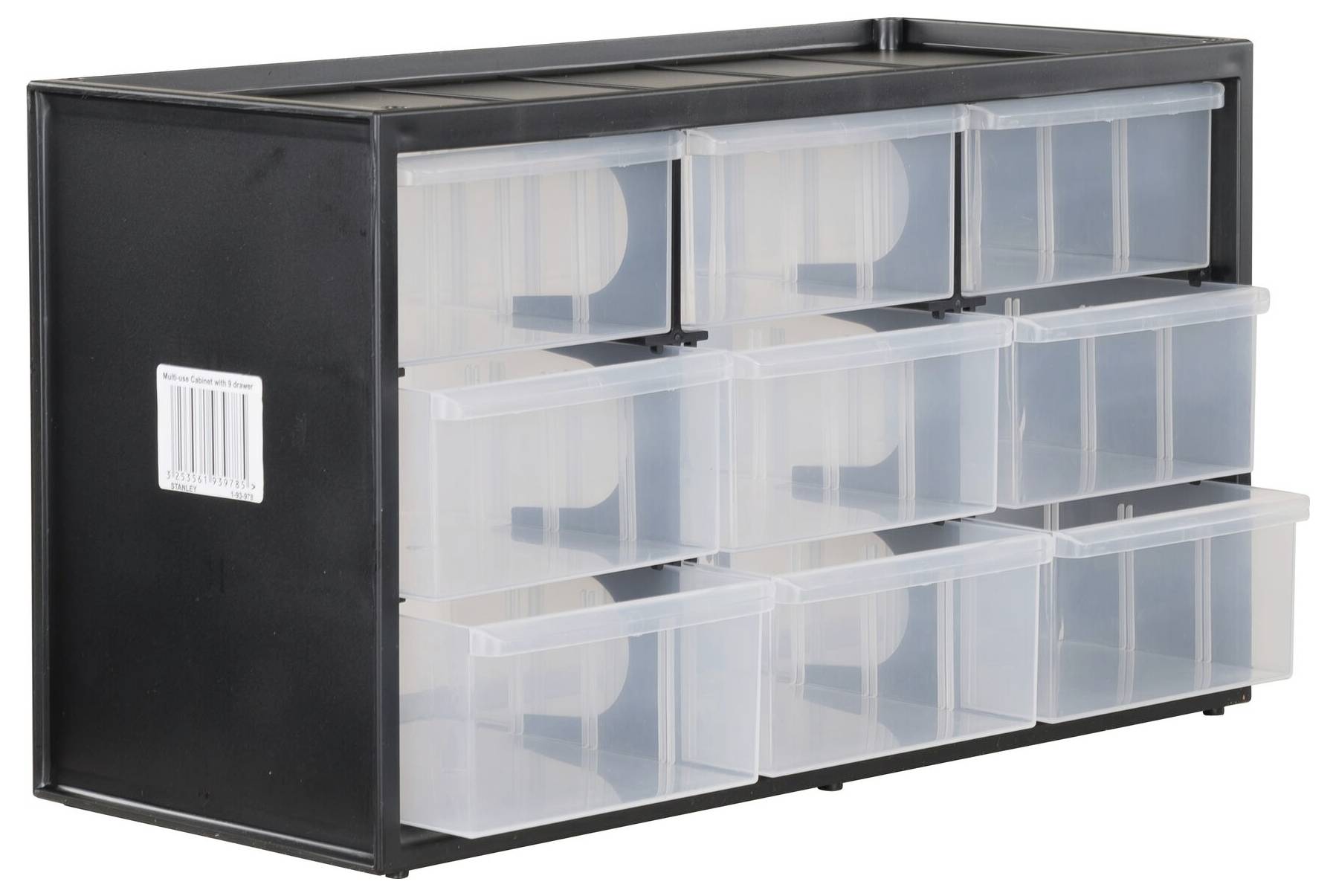 A black storage container with nine transparent drawers, suitable for storing small items.