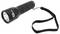 Black torch with textured surface and wrist lanyard, appears robust and compact.