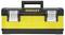 Plastic toolbox in yellow and black, with two metal buckles and a carry handle. 'STANLEY' branding visible.