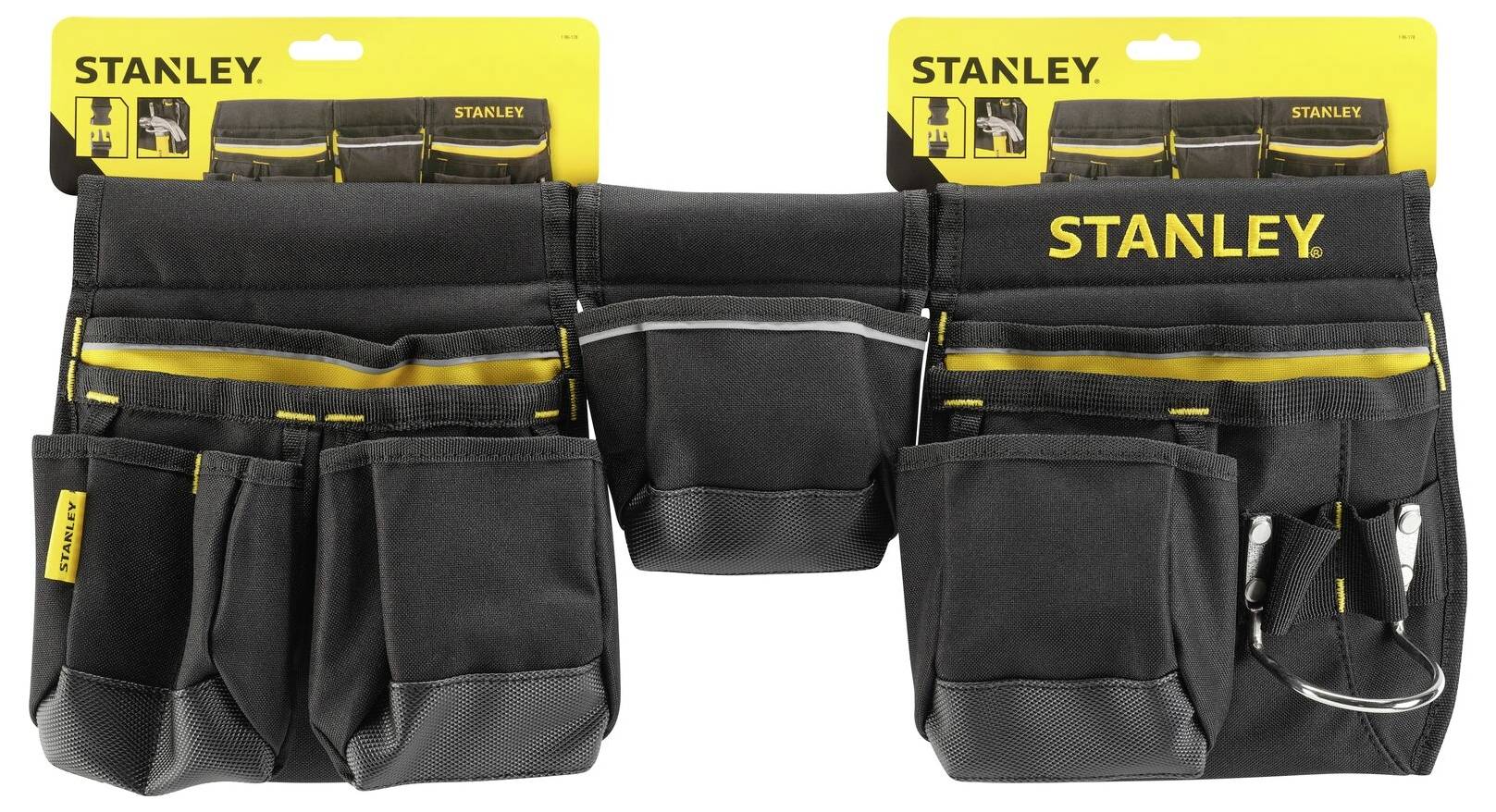 Black tool belt with multiple pockets, yellow 'Stanley' text at the top. Contains larger and smaller compartments for tools.