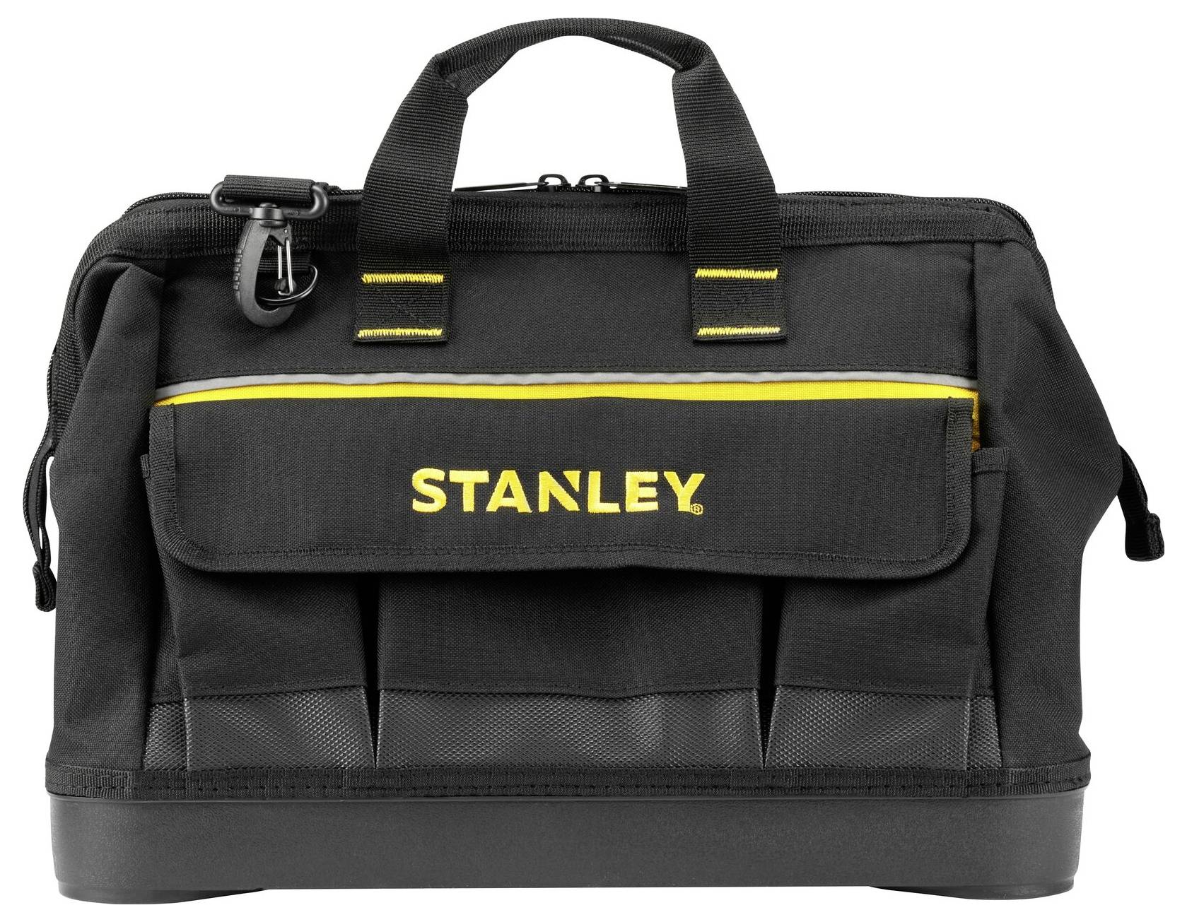 Black tool bag with yellow 'STANLEY' lettering, multiple zips and external pockets, reinforced base.