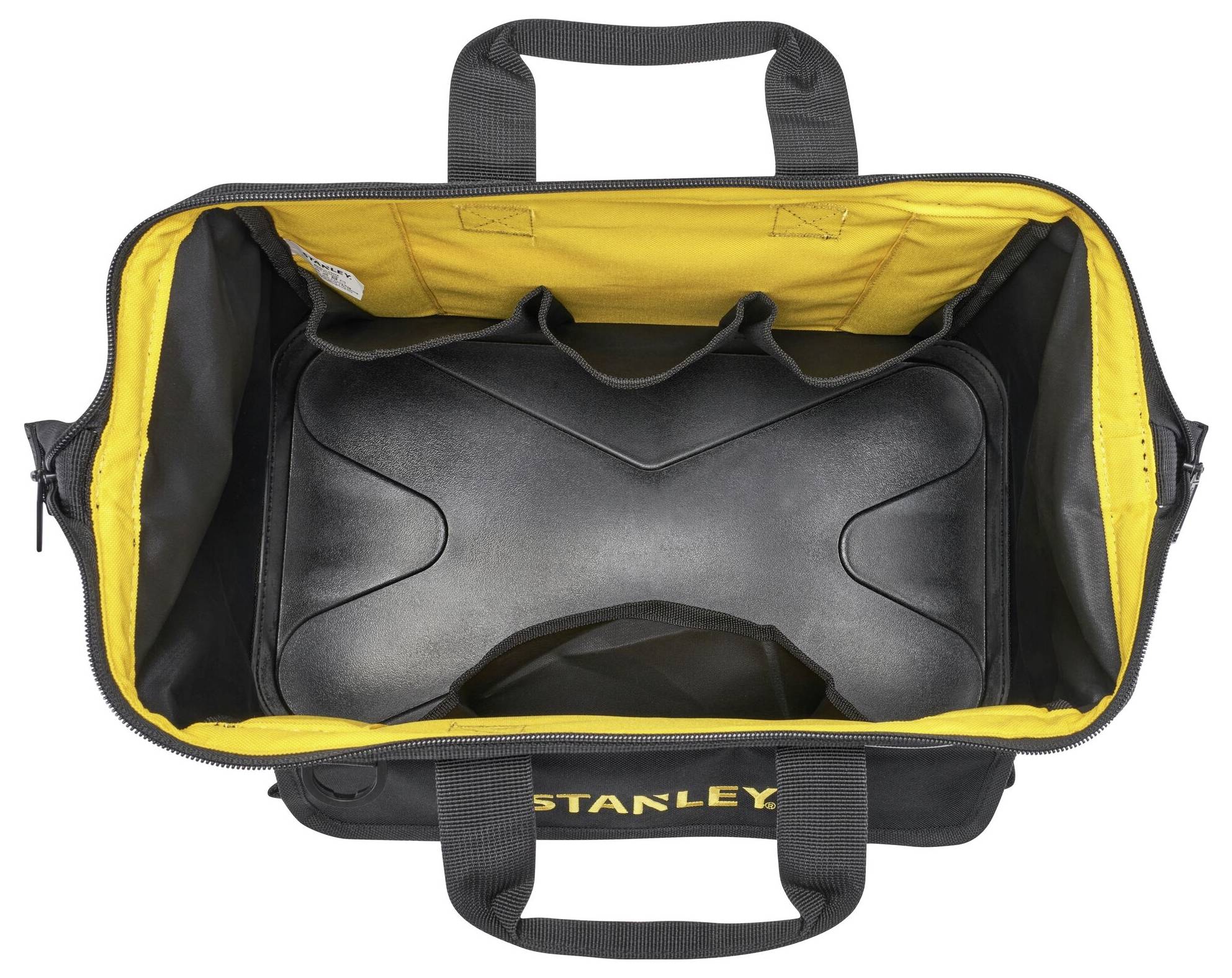 Black tool bag with yellow interior lining, empty, with multiple internal compartments and sturdy handles.