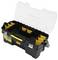 An open black toolbox with yellow compartments of varying sizes. The lid is transparent.