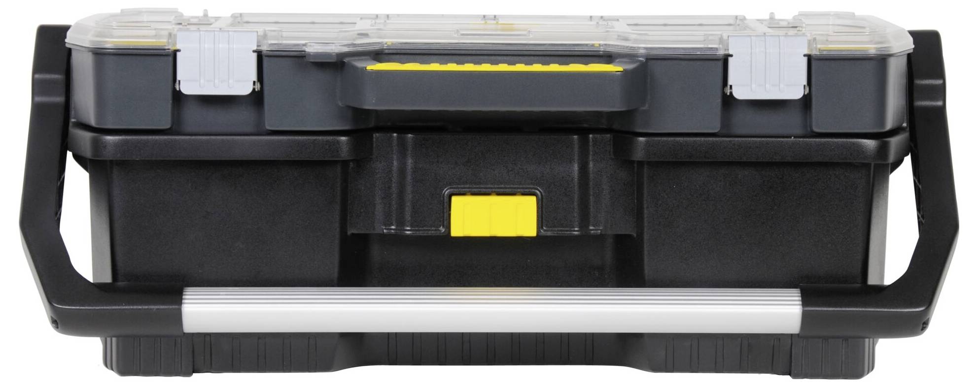 A black toolbox with grey and yellow elements, closed, front side with handle visible.