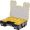An open toolbox with yellow compartments for storing small parts. Transparent lid with a grey housing.
