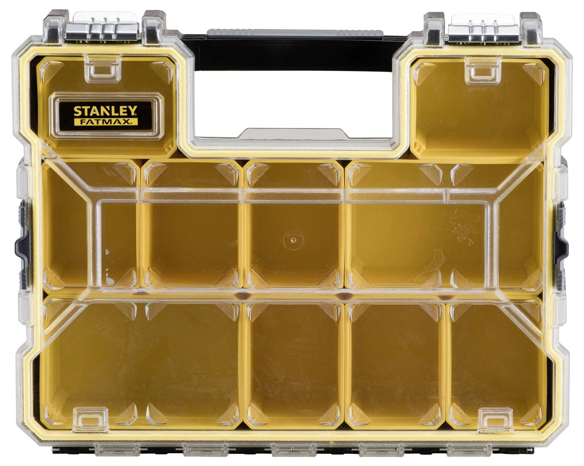 A clear, transparent tool case with multiple compartments and a black handle.