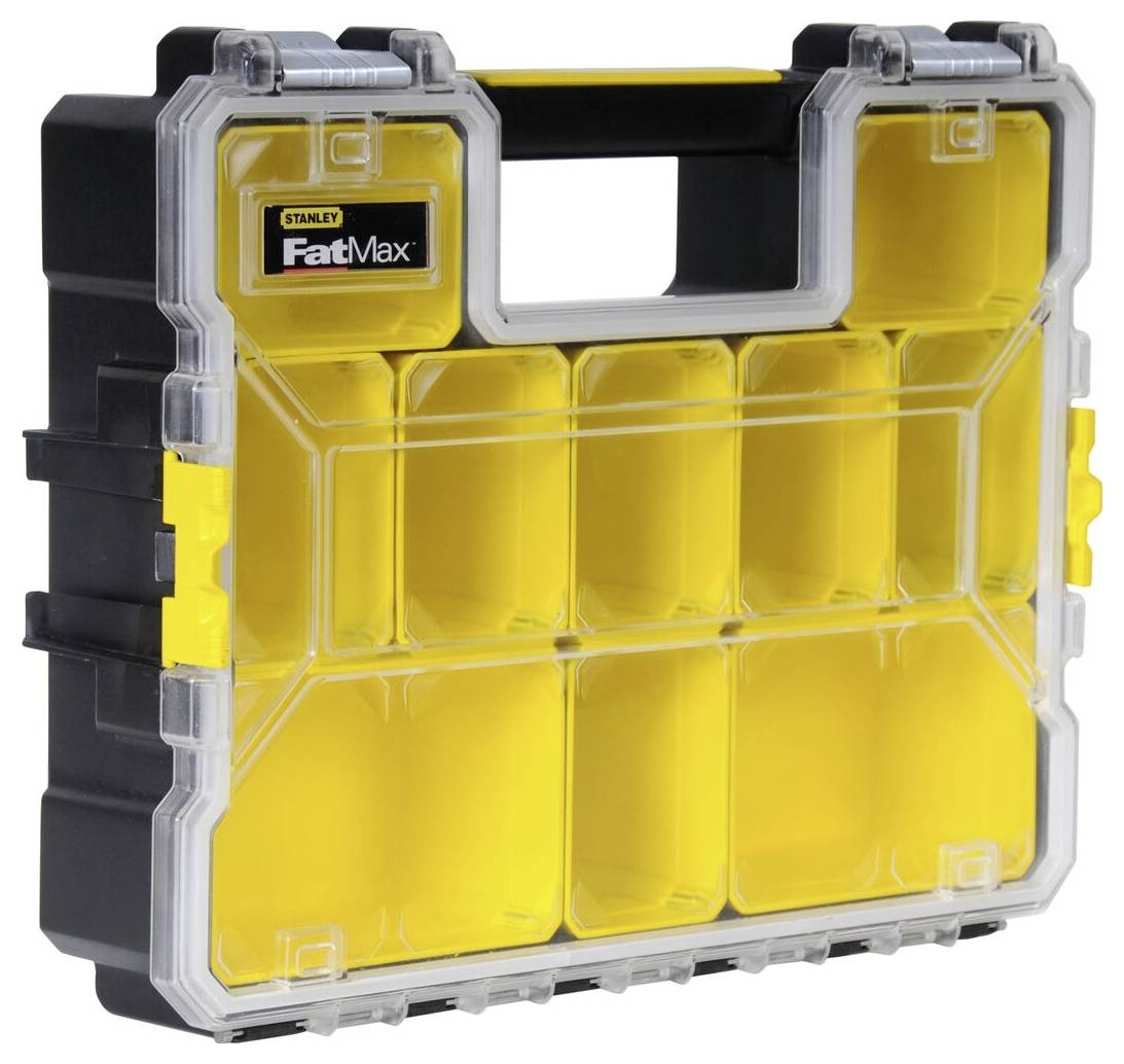 Yellow and black tool box with a transparent lid, marked with 'FatMax', showing various compartments for storing small parts.